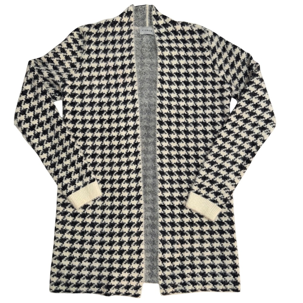 Cyrus Womens Houndstooth Eyelash Knit Open Front Cardigan Black White Small